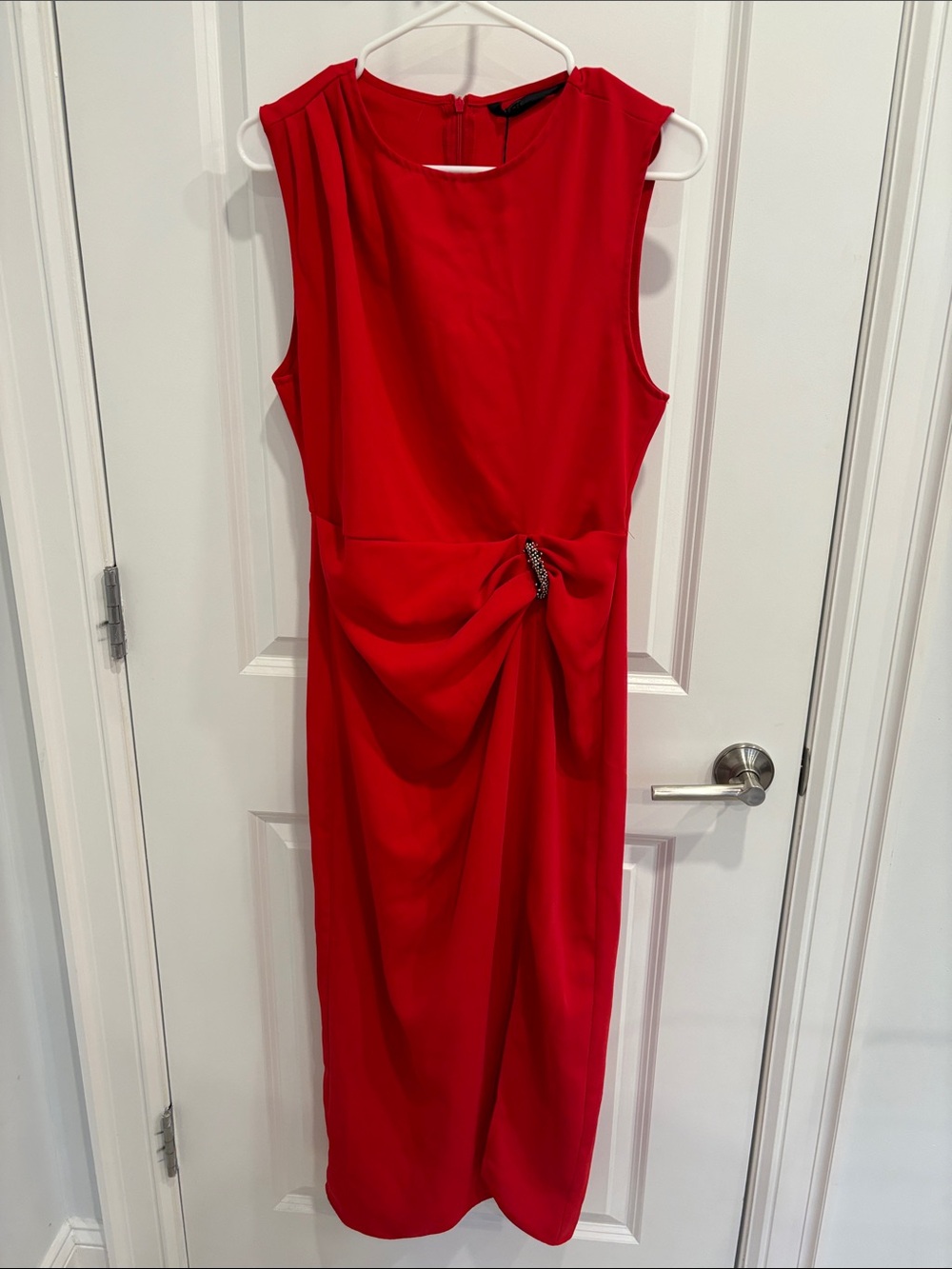 Zara Red Sleeveless Draped Midi Dress with Waist Detail and split hem. Size M